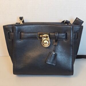Michael Kors Hamilton Black Leather Satchel Crossbody Bag Gold Padlock Charm